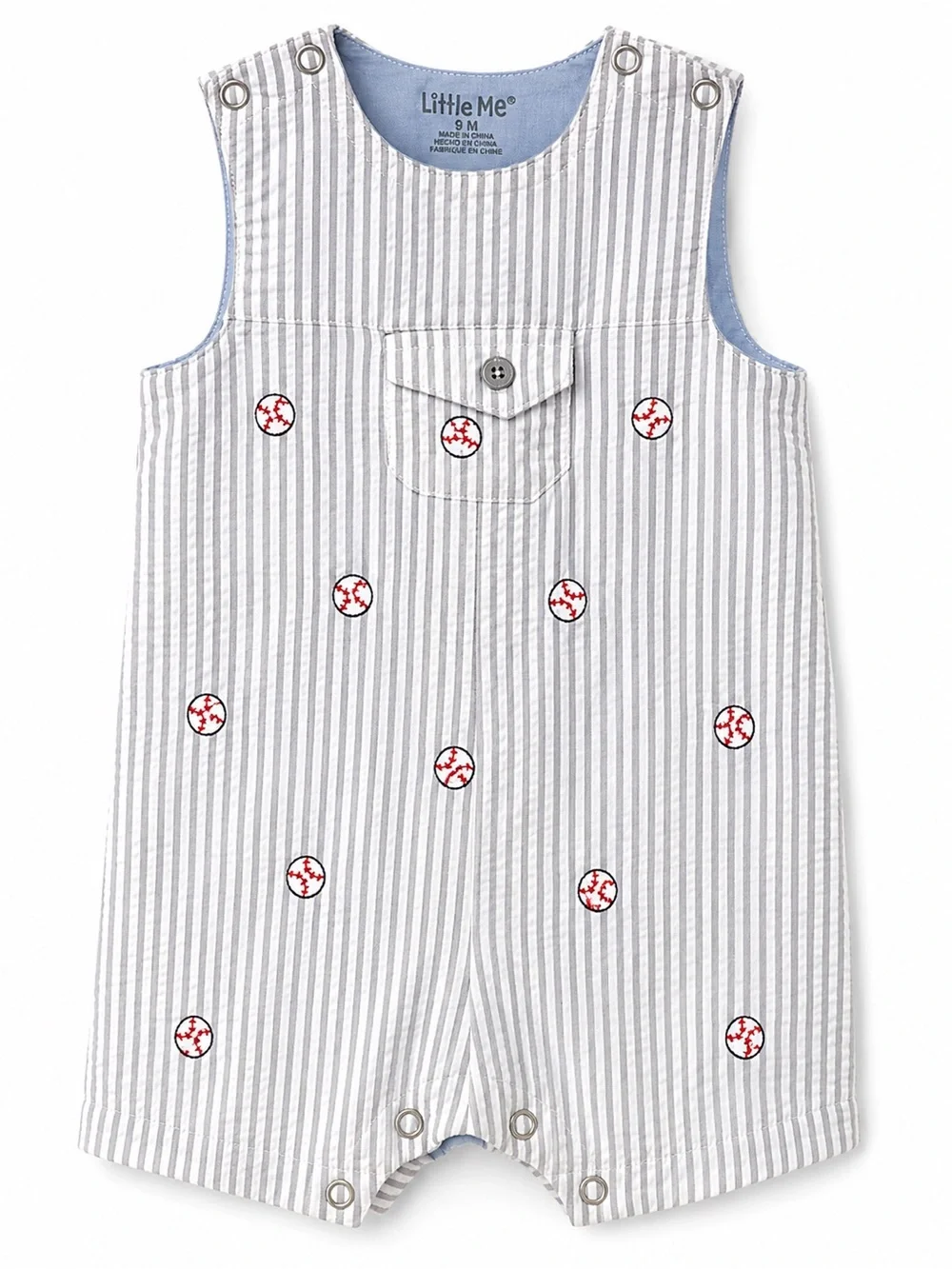 Little Me Blue and White Striped Baseball Romper